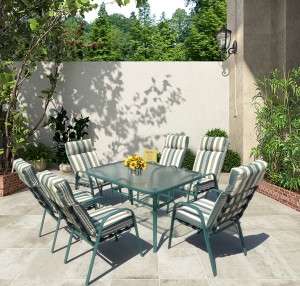 Rectangular glass-top dining set vinyl strap dining chair metal dining set