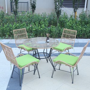 5pc Patio dining set round glass-top table rattan chairs