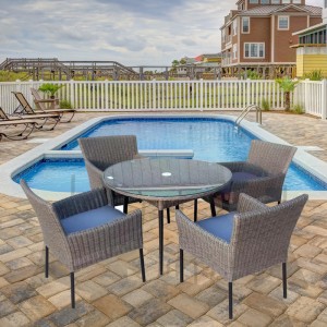 Round glass-top dining set outdoor rattan dining chairs table set