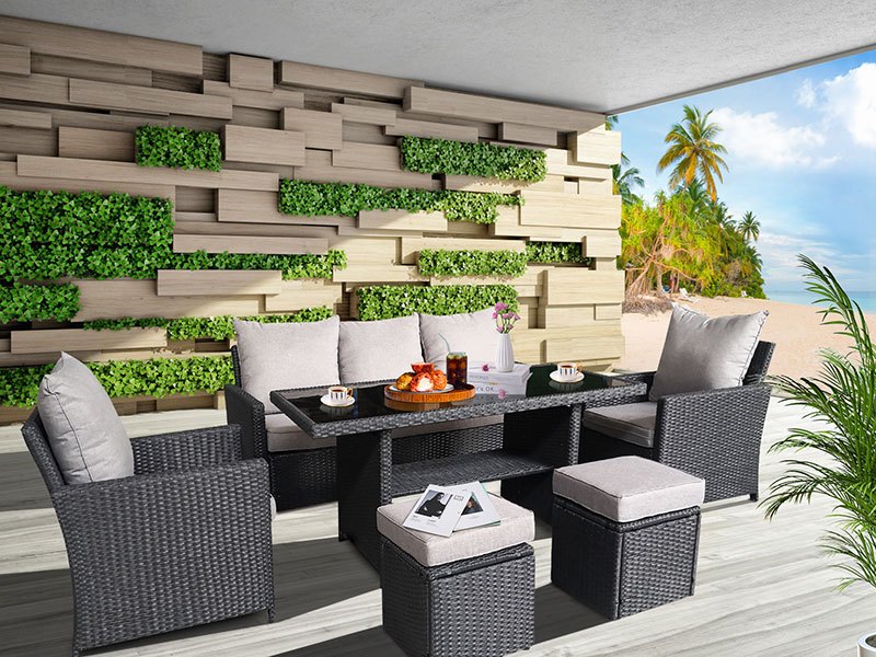 6pcs Rattan Woven Patio Corner Sofa Furniture Garden Sofa Set With Glass Table