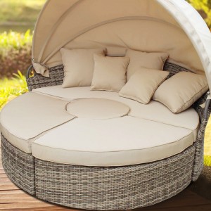Modular round rattan daybed retractable canopy